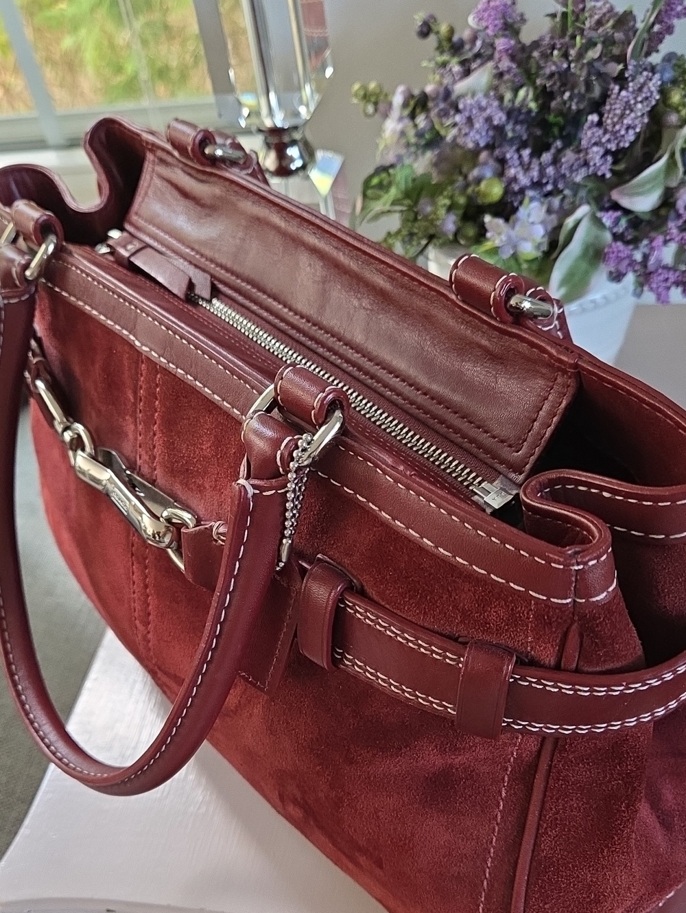 COACH 2007 Burgundy Suede Hamptons Satchel Crossbody Bag w/Wristlet - Picture 9 of 16